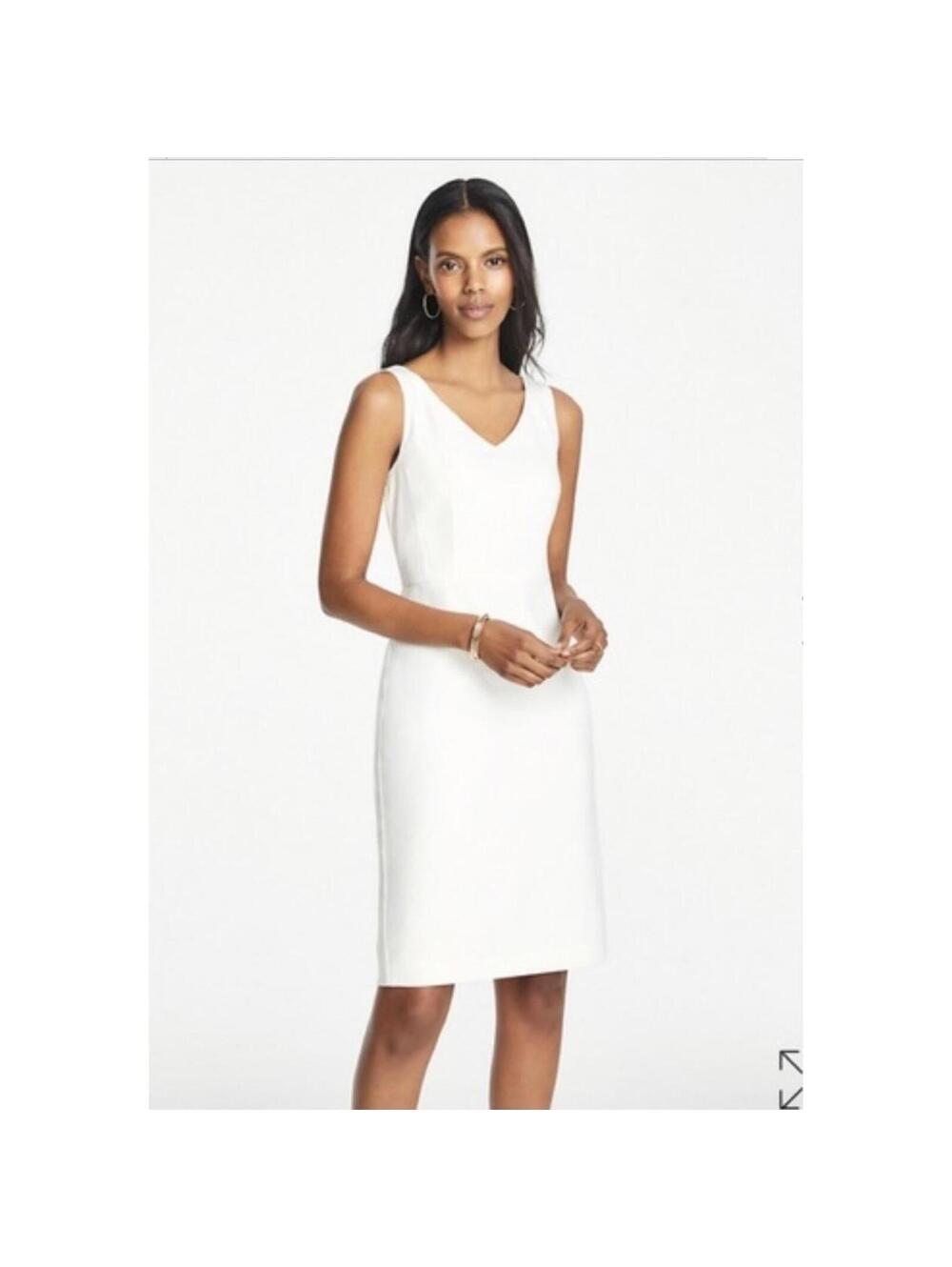 ANN TAYLOR NWT Women’s V-Neck Dress in Herringbone in White-Size 8